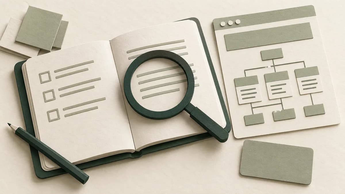 En abstrakt arbejdsflade med SEO-planer, noter og analyser i papir.