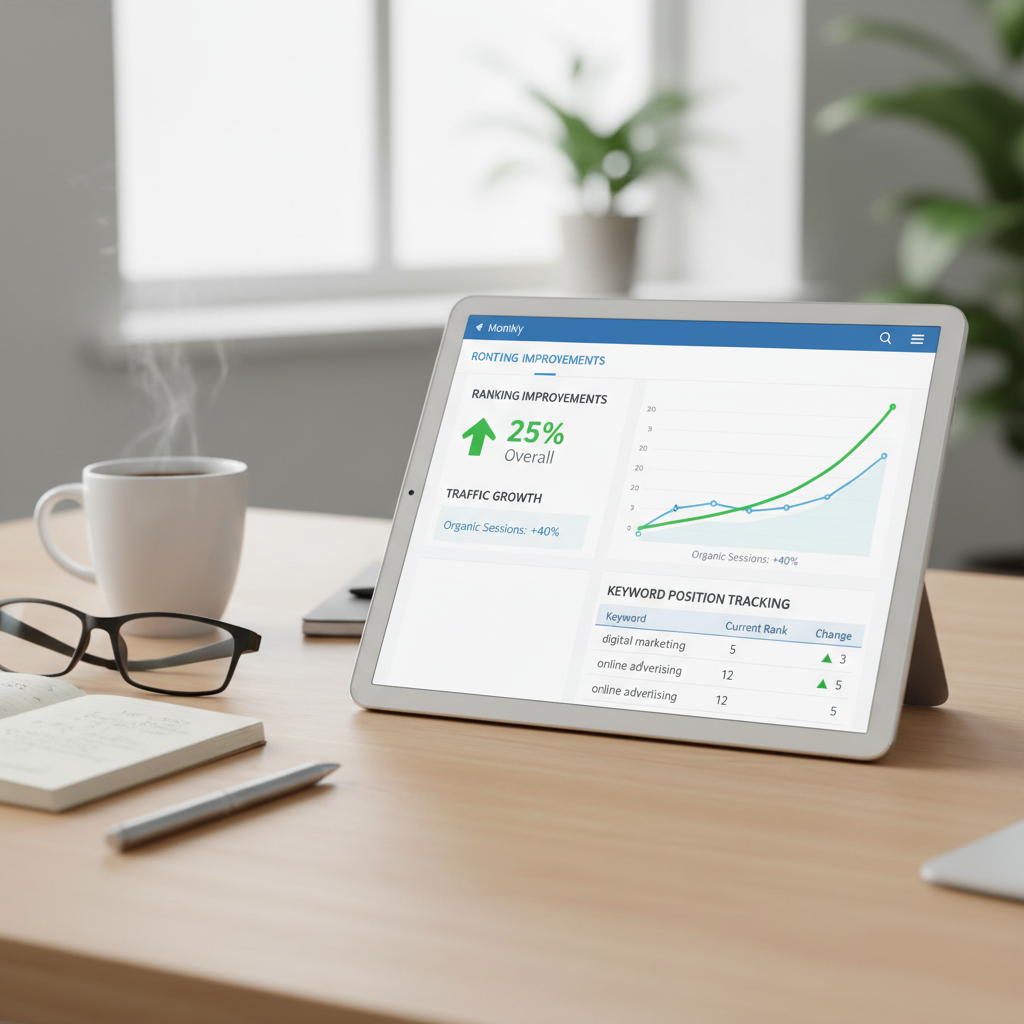 Månedlig SEO-rapport med placeringer og trafikdata