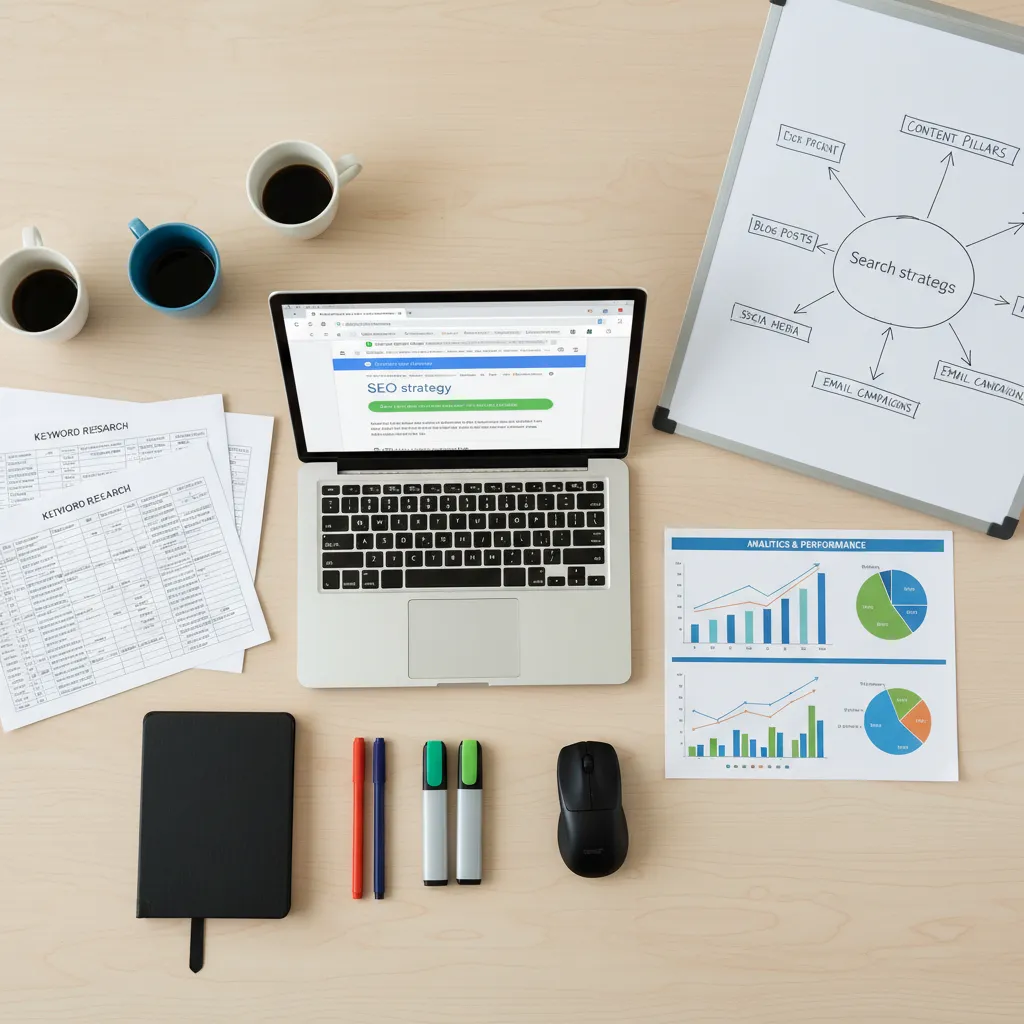 An SEO strategy desk with a laptop, keyword research sheets and a search strategy whiteboard